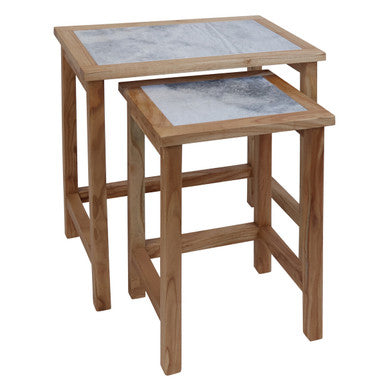 Set of 2 Large White Marble Top Nesting Side Tables with Natural Wood Frames | Womad