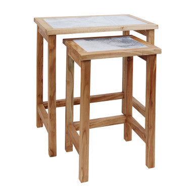 Set of 2 Large White Marble Top Nesting Side Tables with Natural Wood Frames | Womad