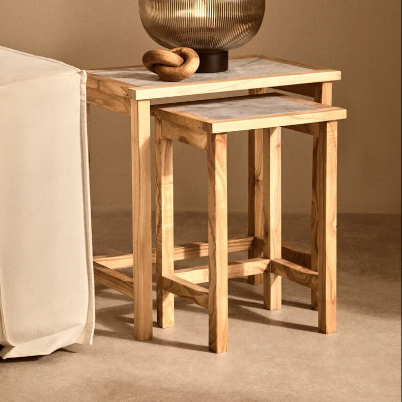 Set of 2 Large White Marble Top Nesting Side Tables with Natural Wood Frames | Womad