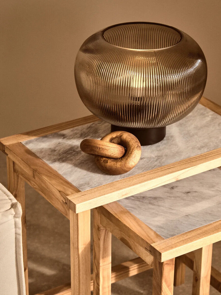 Set of 2 Large White Marble Top Nesting Side Tables with Natural Wood Frames | Womad