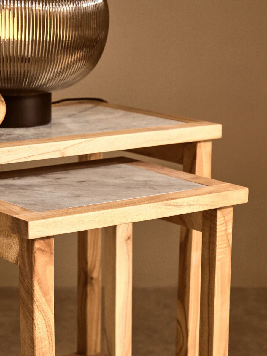 Set of 2 Large White Marble Top Nesting Side Tables with Natural Wood Frames | Womad