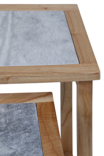 Set of 2 Large White Marble Top Nesting Side Tables with Natural Wood Frames | Womad