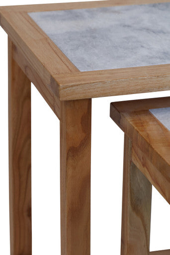 Set of 2 Large White Marble Top Nesting Side Tables with Natural Wood Frames | Womad