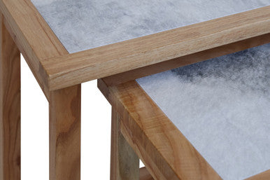Set of 2 Large White Marble Top Nesting Side Tables with Natural Wood Frames | Womad