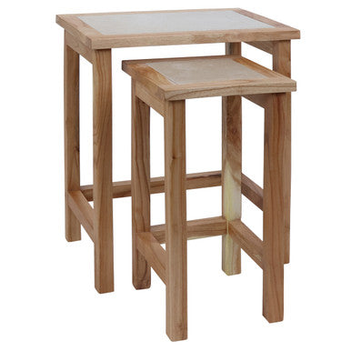 Set of 2 Small Cream Marble Top Nesting Side Tables with Natural Wood Frames | Womad