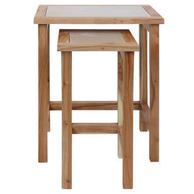 Set of 2 Small Cream Marble Top Nesting Side Tables with Natural Wood Frames | Womad