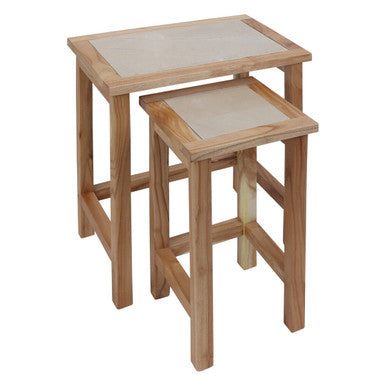 Set of 2 Small Cream Marble Top Nesting Side Tables with Natural Wood Frames | Womad