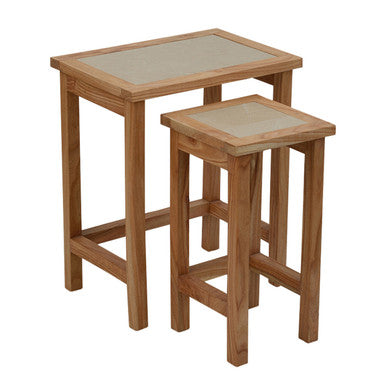 Set of 2 Small Cream Marble Top Nesting Side Tables with Natural Wood Frames | Womad
