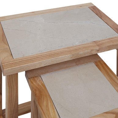 Set of 2 Small Cream Marble Top Nesting Side Tables with Natural Wood Frames | Womad