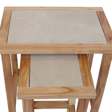 Set of 2 Small Cream Marble Top Nesting Side Tables with Natural Wood Frames | Womad