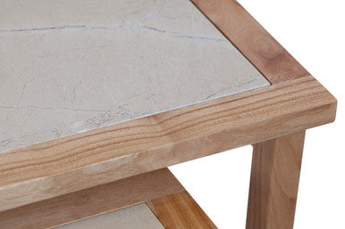 Set of 2 Small Cream Marble Top Nesting Side Tables with Natural Wood Frames | Womad