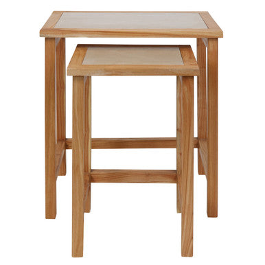 Set of 2 Large Cream Marble Top Nesting Side Tables with Natural Wood Frames | Womad