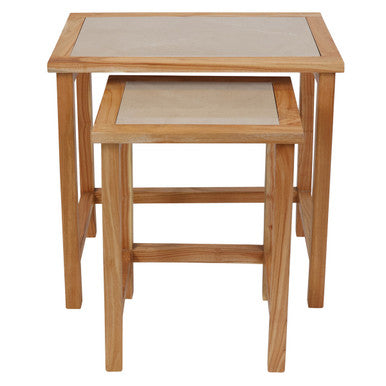 Set of 2 Large Cream Marble Top Nesting Side Tables with Natural Wood Frames | Womad
