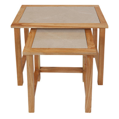 Set of 2 Large Cream Marble Top Nesting Side Tables with Natural Wood Frames | Womad