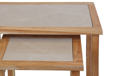 Set of 2 Large Cream Marble Top Nesting Side Tables with Natural Wood Frames | Womad