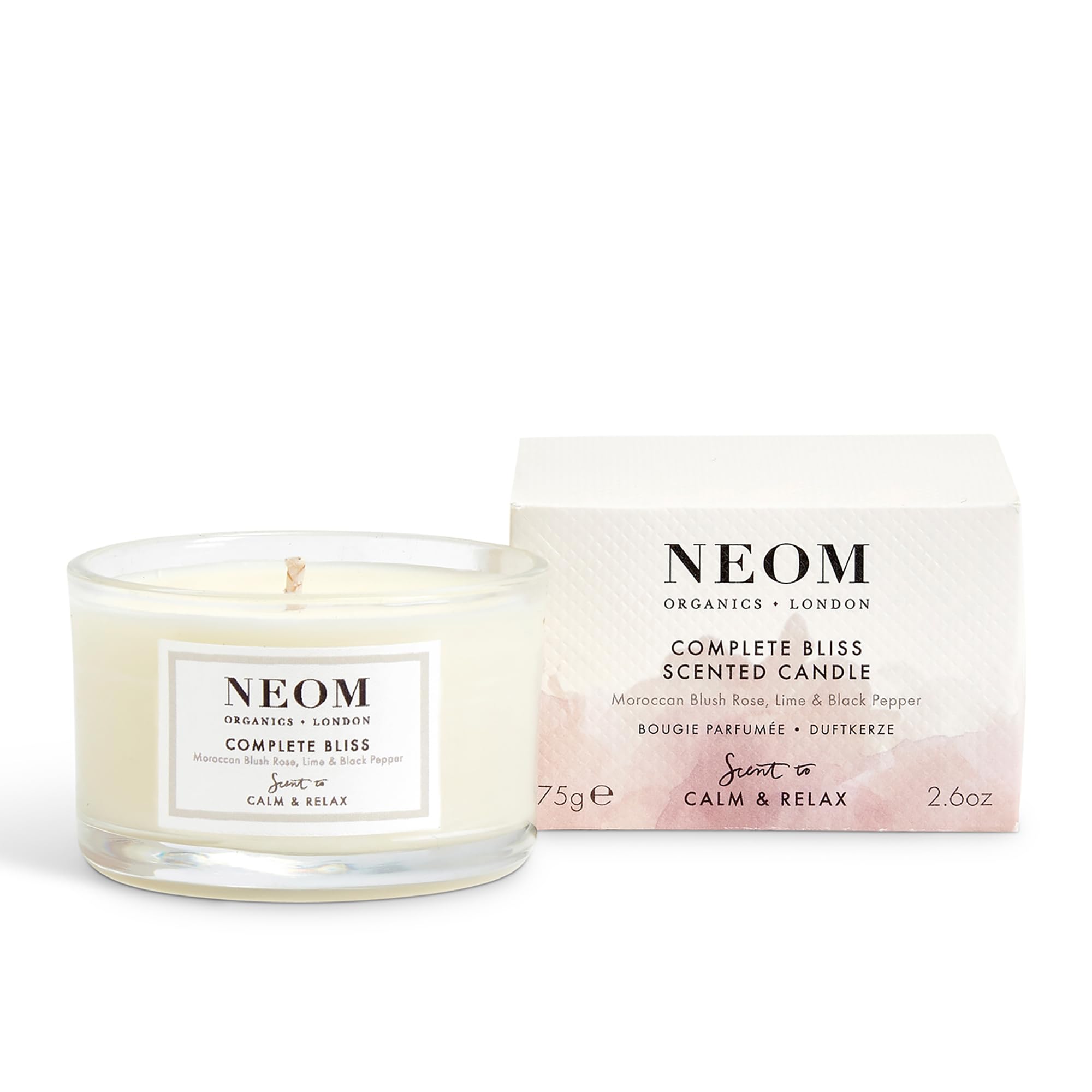 NEOM Complete Bliss Travel Candle – Blush Rose, Lime & Black Pepper