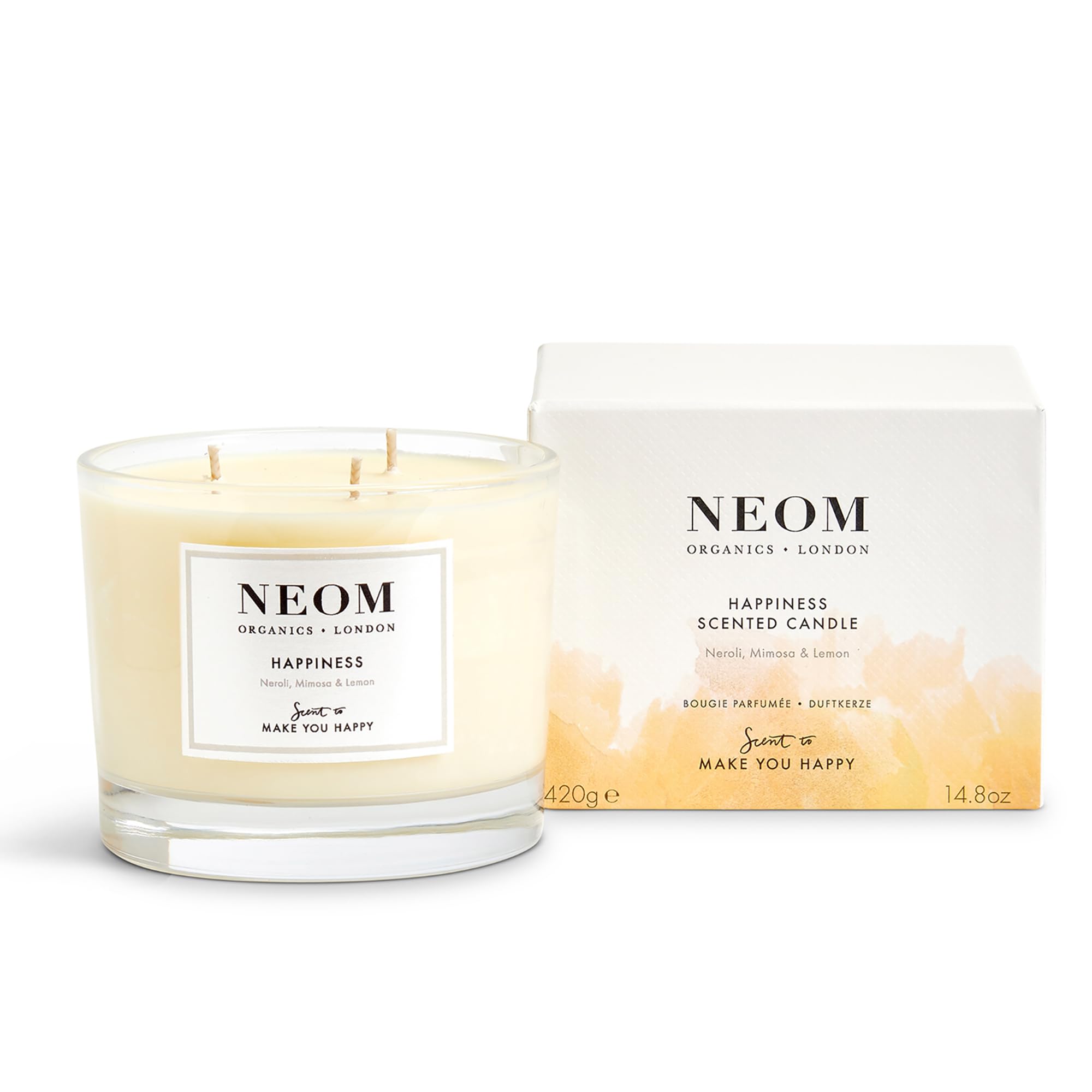 NEOM Happiness 3-Wick Scented Candle | Neroli, Mimosa & Lemon – Essential Oil Aromatherapy