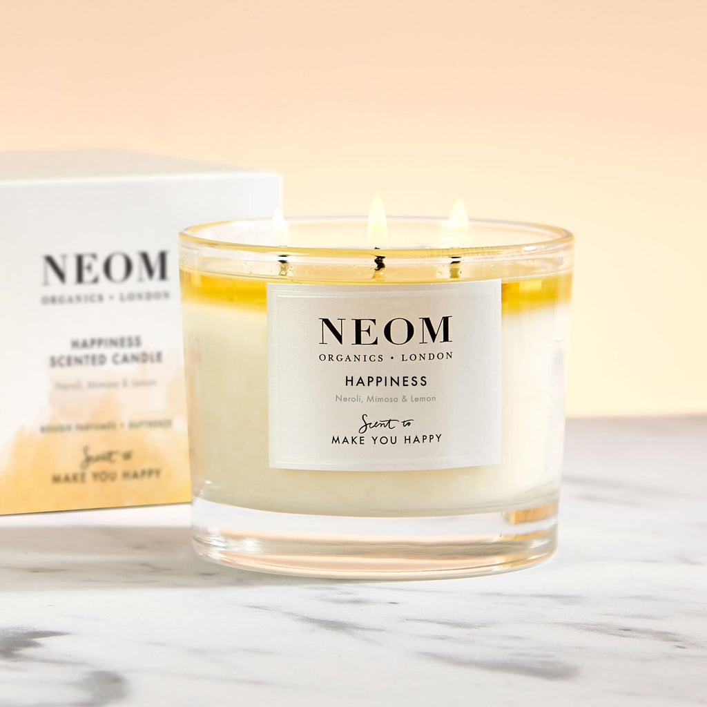 NEOM Happiness 3-Wick Scented Candle | Neroli, Mimosa & Lemon – Essential Oil Aromatherapy