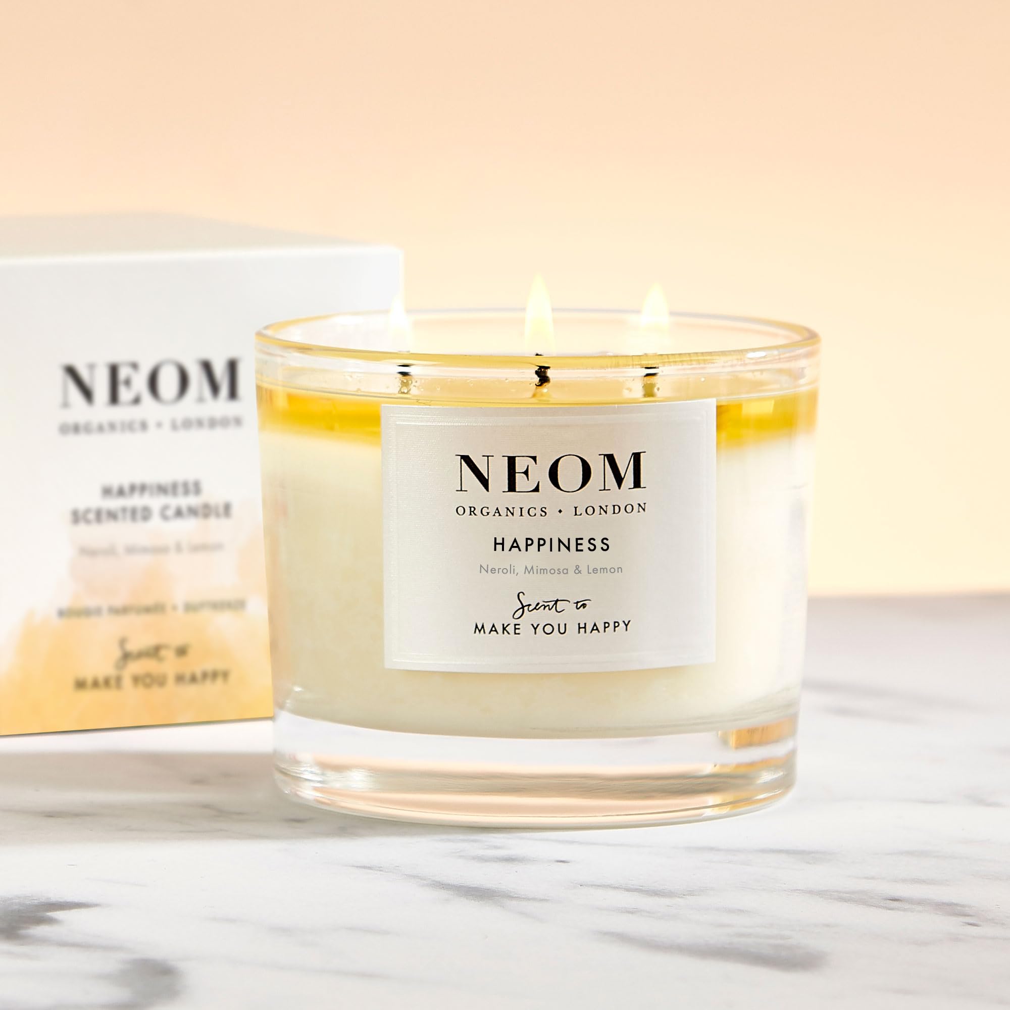NEOM Happiness 3-Wick Scented Candle | Neroli, Mimosa & Lemon – Essential Oil Aromatherapy