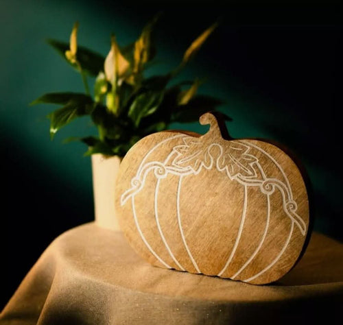 Autumn Wooden Pumpkin Ornament Handmade Mango Wood Décor 25cm